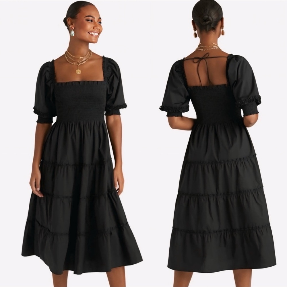 NWT Hill House Nesli Smocked Nap Midi Dress Black
